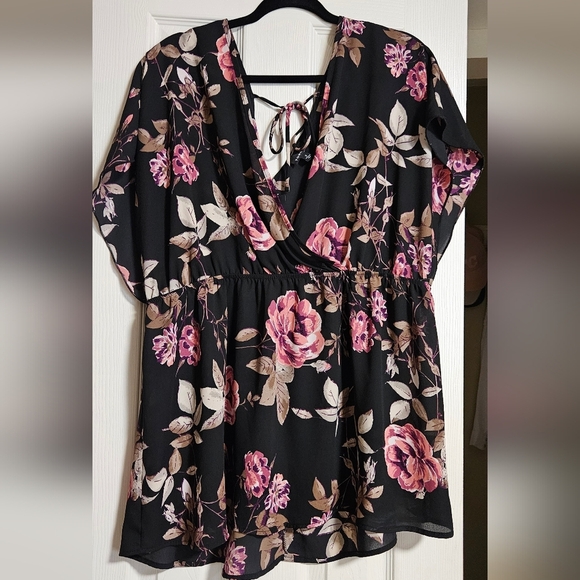 torrid Tops - Torrid Black and Pink Floral Wrap Blouse Plus Size 2XL